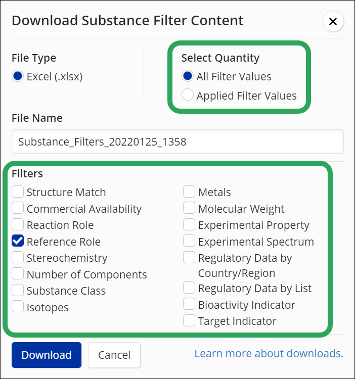 Download Substance Filter Contents – CAS Product Help